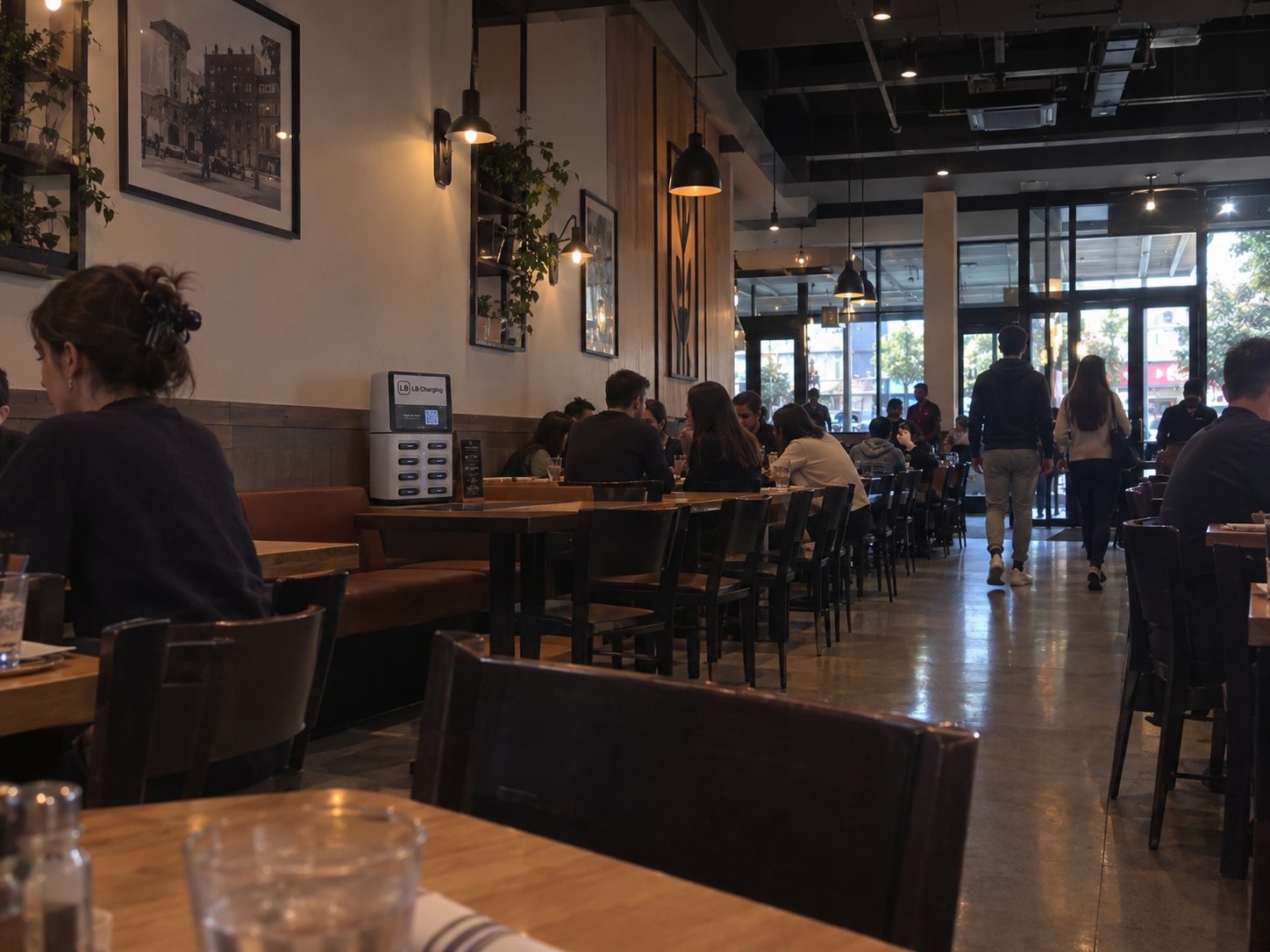 LB Charging station set up in a restaurant dining area